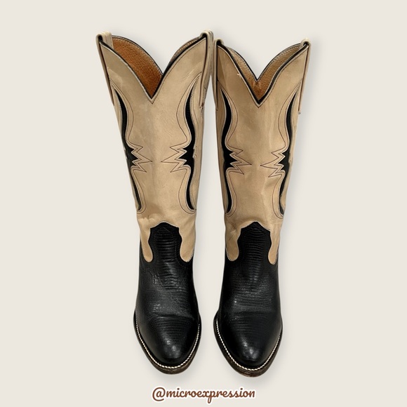 1980s Frye Vintage Black Cream Lizard Cow Leather Pull On Western Cowboy Boot